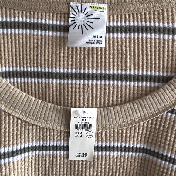 NWT Aerie OFFLINE Wow! Waffle Knit Long Sleeve Tee Med Soft Wheat Beige Stripe - Picture 7 of 11